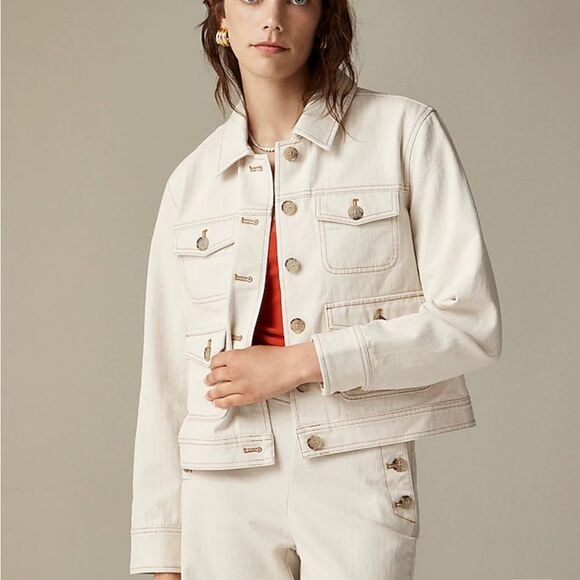 J Crew Lightweight canvas chore jacket in ecru herringbone Womens XS Stone Beige - Picture 1 of 10